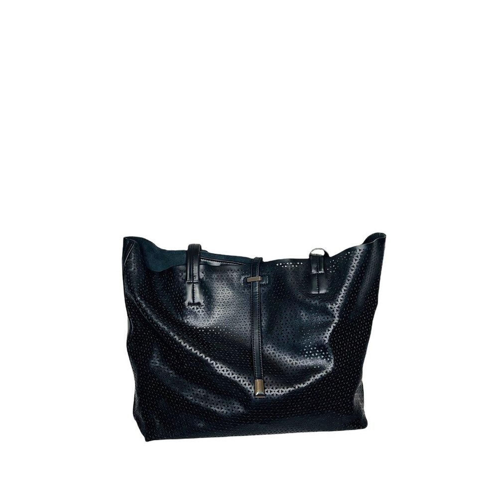 Vince Camuto Leila Perforated Leather Shopper Tote Bag Black 18.5โ x 12.5โ EUC - Picture 3 of 12